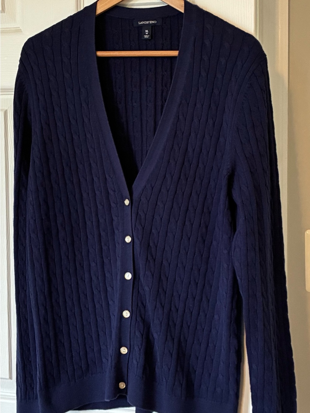 Lands' End Deep Navy Cable-Knit Button Cardigan